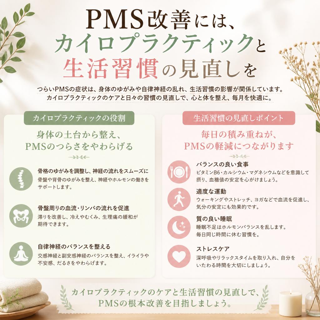 PMS改善には、カイロプラクティックと生活習慣の見直しを